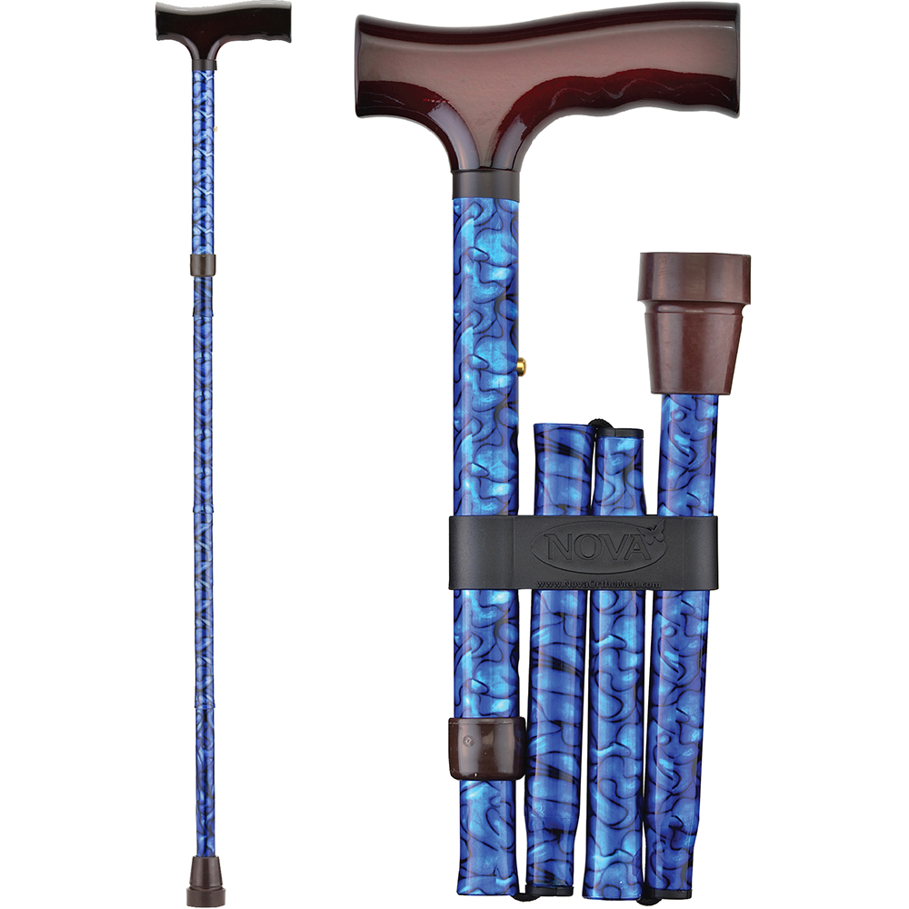 Folding Cane With Wood Grip Handle, Blue Waves